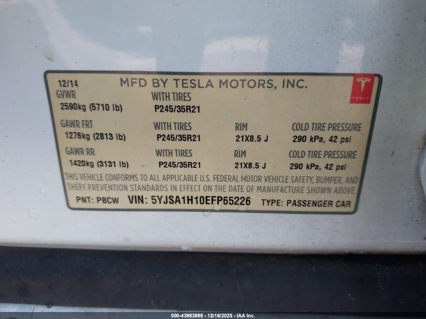 2014 Tesla Model S P85 VIN: 5YJSA1H10EFP65226 Lot: 43983808