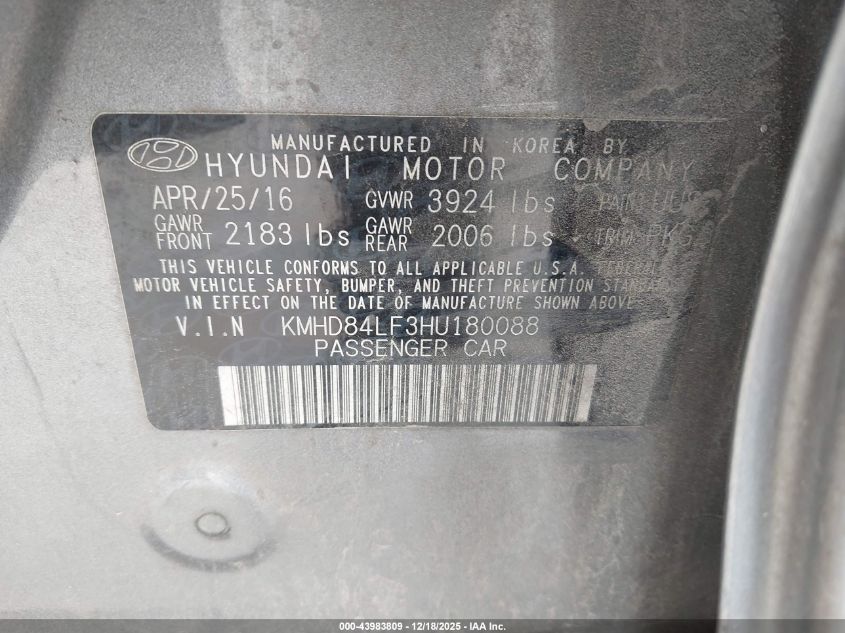 2017 Hyundai Elantra Se VIN: KMHD84LF3HU180088 Lot: 43983809