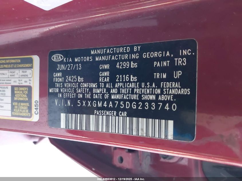 2013 Kia Optima Lx VIN: 5XXGM4A75DG233740 Lot: 43983812