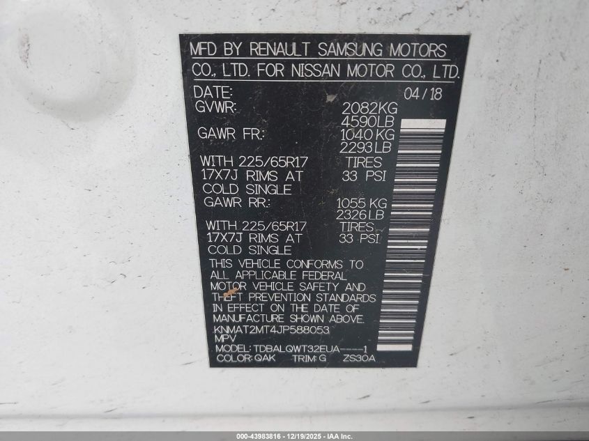 2018 Nissan Rogue Sv VIN: KNMAT2MT4JP588053 Lot: 43983816
