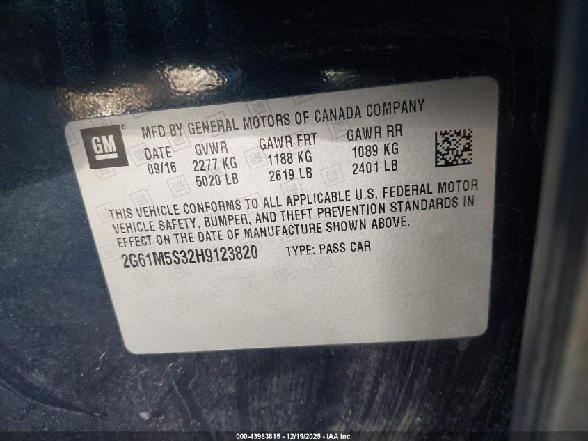 2017 Cadillac Xts Luxury VIN: 2G61M5S32H9123820 Lot: 43983815