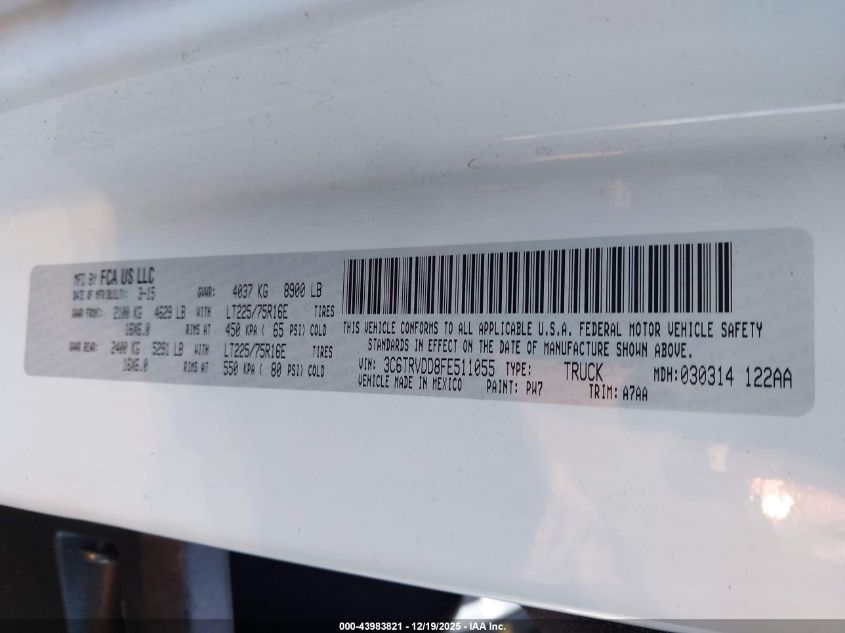 2015 Ram Promaster 2500 High Roof VIN: 3C6TRVDD8FE511055 Lot: 43983821