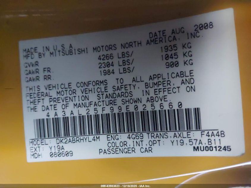 2009 Mitsubishi Eclipse Spyder Gs VIN: 4A3AL25F99E025660 Lot: 43983823