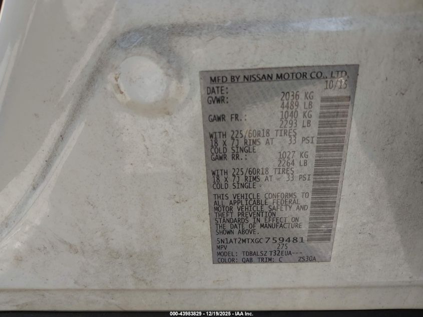 2016 Nissan Rogue Sl VIN: 5N1AT2MTXGC759481 Lot: 43983829