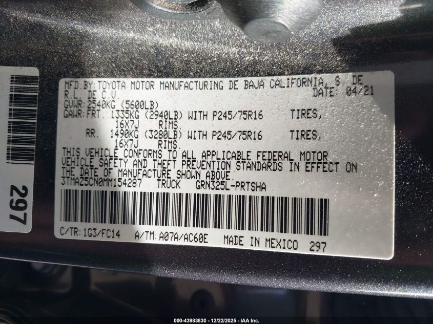 2021 Toyota Tacoma Sr5 V6 VIN: 3TMAZ5CN0MM154287 Lot: 43983830