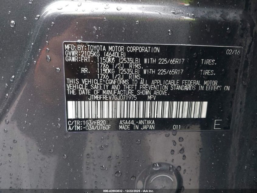 2016 Toyota Rav4 Le VIN: JTMBFREV7GJ071975 Lot: 43983832