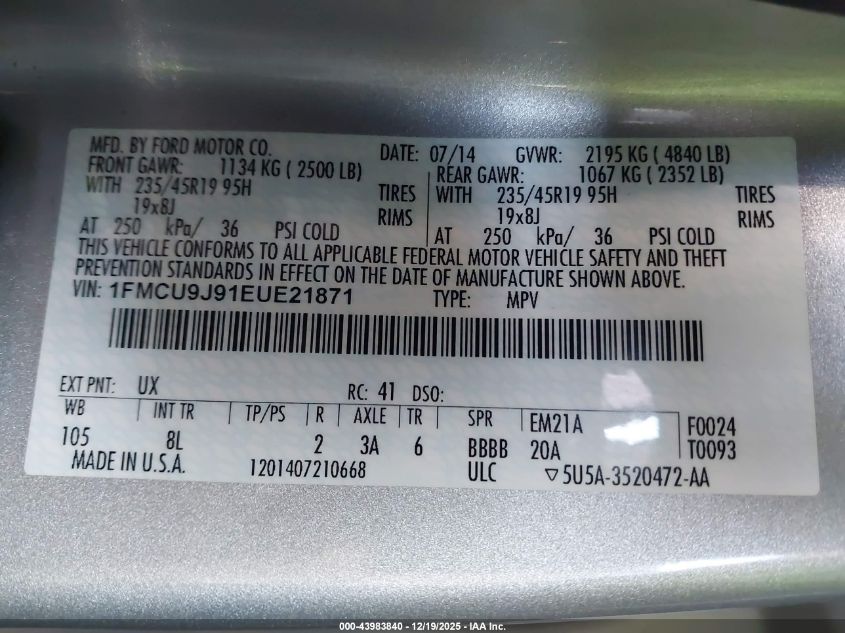 2014 Ford Escape Titanium VIN: 1FMCU9J91EUE21871 Lot: 43983840