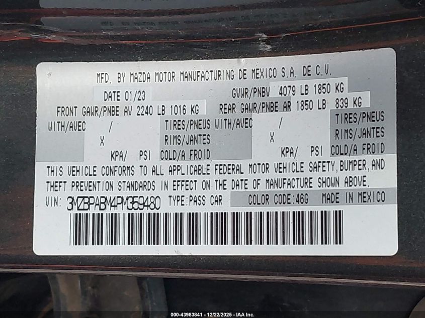 2023 Mazda Mazda3 2.5 S Select VIN: 3MZBPABM4PM359480 Lot: 43983841