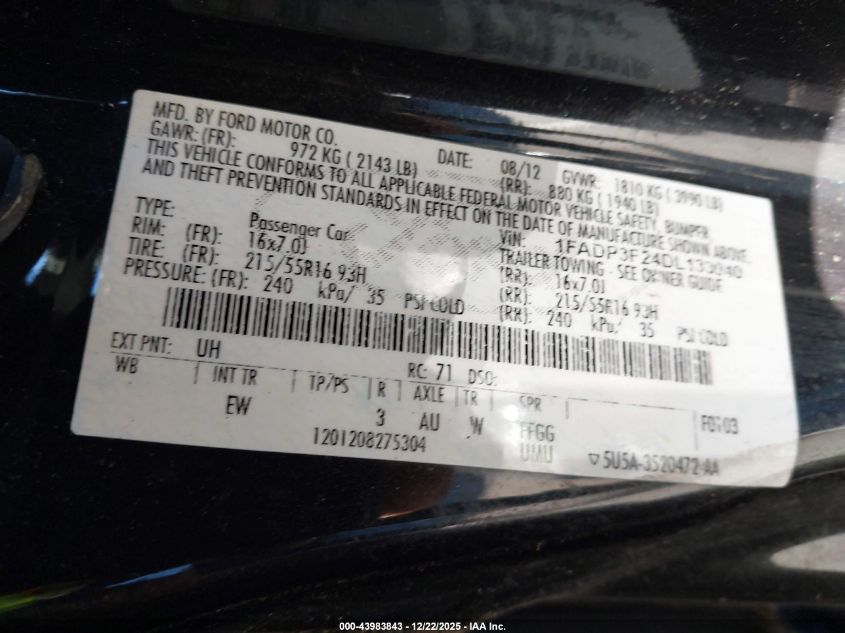 2013 Ford Focus Se VIN: 1FADP3F24DL133040 Lot: 43983843