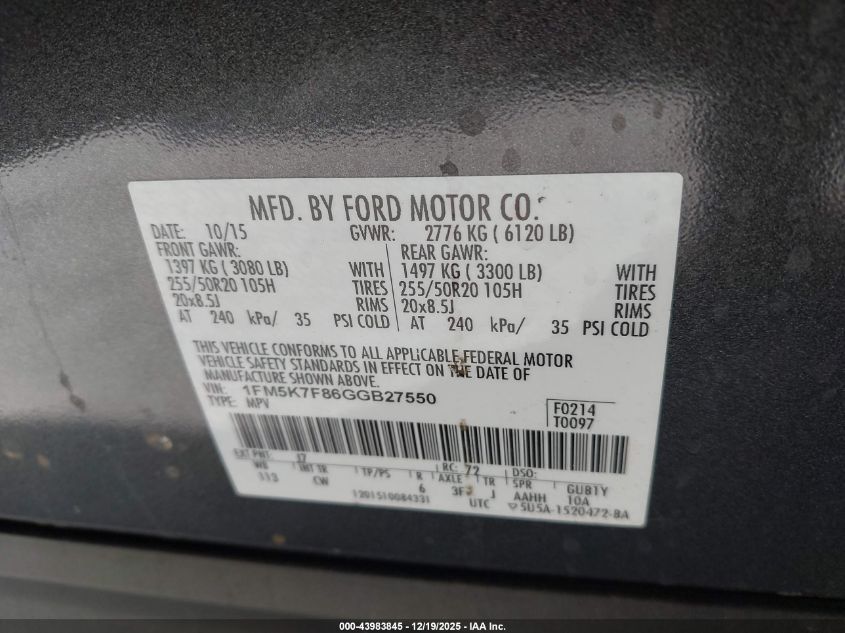 2016 Ford Explorer Limited VIN: 1FM5K7F86GGB27550 Lot: 43983845