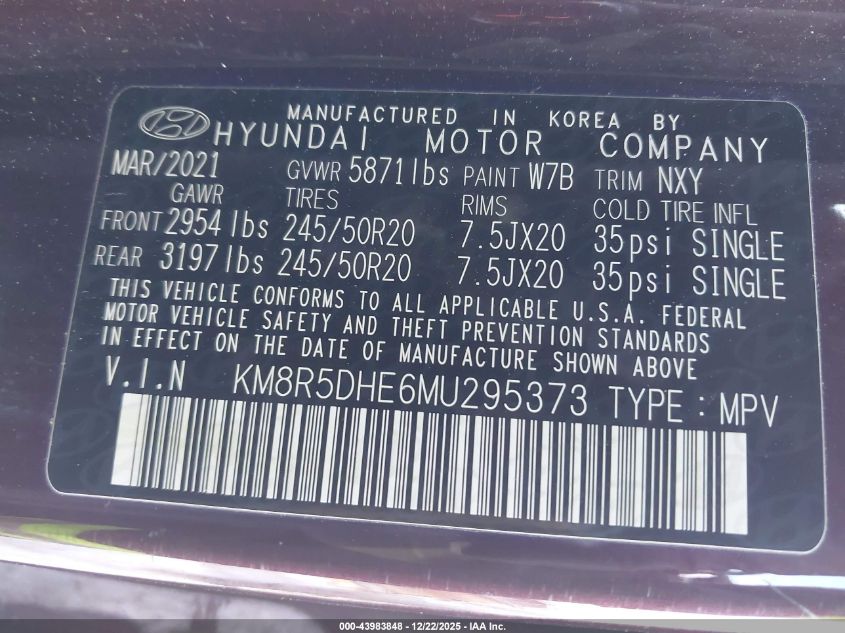 2021 Hyundai Palisade Limited VIN: KM8R5DHE6MU295373 Lot: 43983848