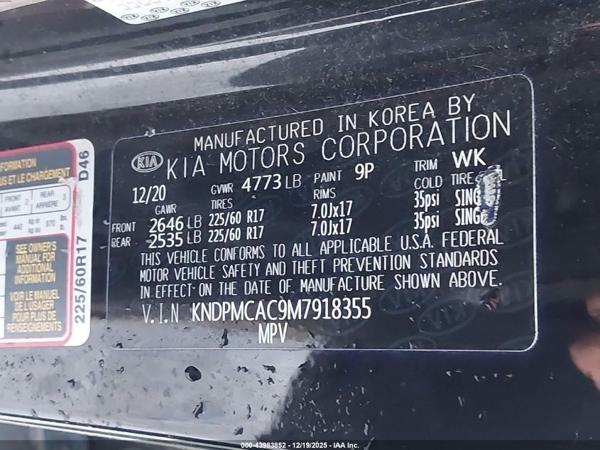 2021 Kia Sportage Lx VIN: KNDPMCAC9M7918355 Lot: 43983852