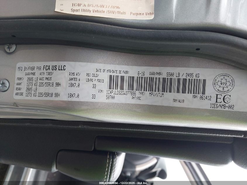 2016 Jeep Cherokee Limited VIN: 1C4PJLDS2GW377896 Lot: 43983854