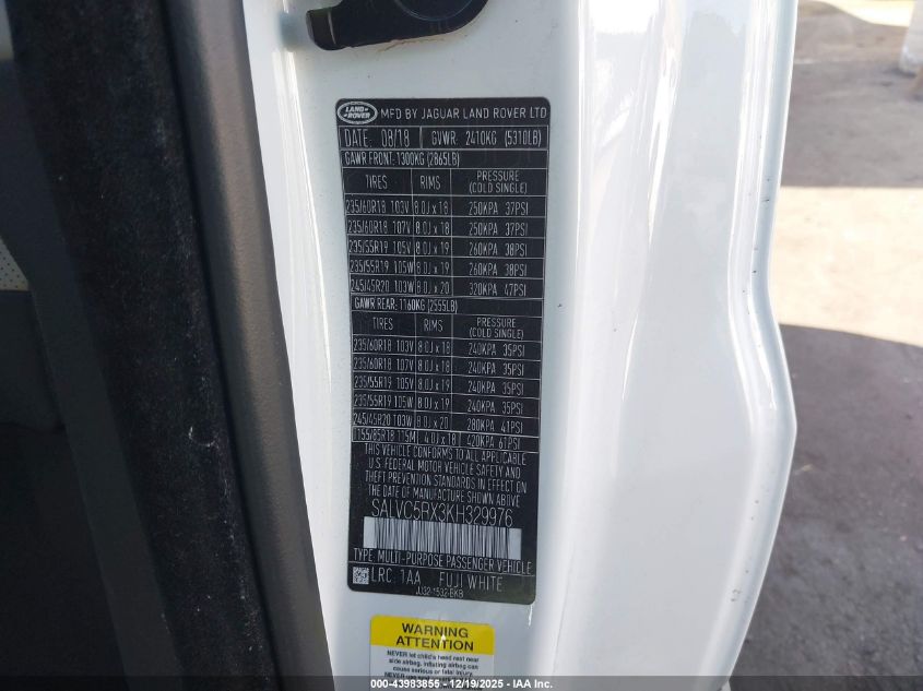 2019 Land Rover Range Rover Evoque Se Dynamic VIN: SALVC5RX3KH329976 Lot: 43983855