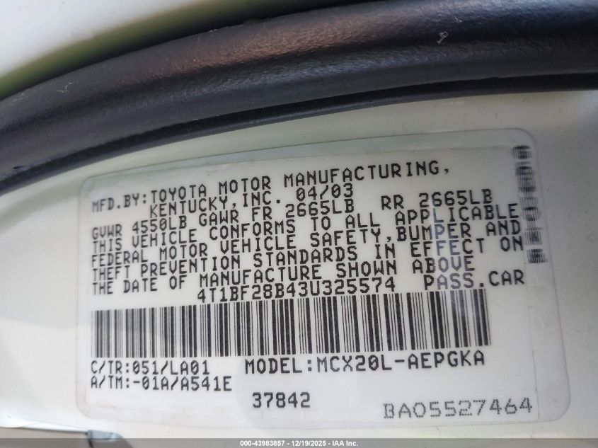 2003 Toyota Avalon Xls VIN: 4T1BF28B43U325574 Lot: 43983857