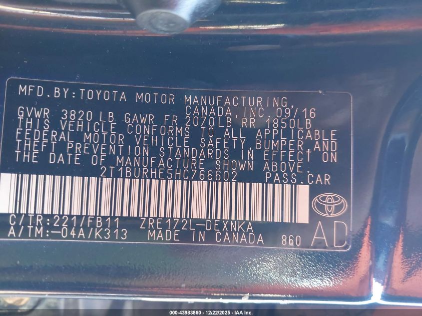 2017 Toyota Corolla Le VIN: 2T1BURHE5HC766602 Lot: 43983860