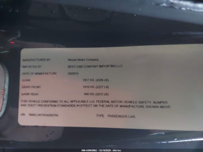 2016 Nissan Altima 2.5/2.5 S/2.5 Sl/2.5 Sr/2.5 Sv VIN: 1N4AL3AP3GN350766 Lot: 43983862