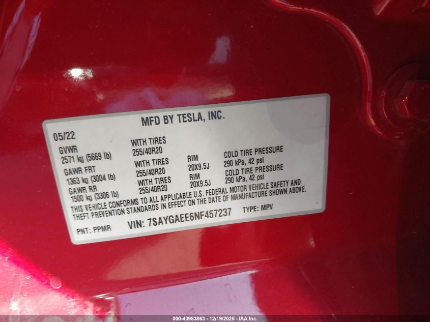 2022 Tesla Model Y Long Range Dual Motor All-Wheel Drive VIN: 7SAYGAEE6NF457237 Lot: 43983863