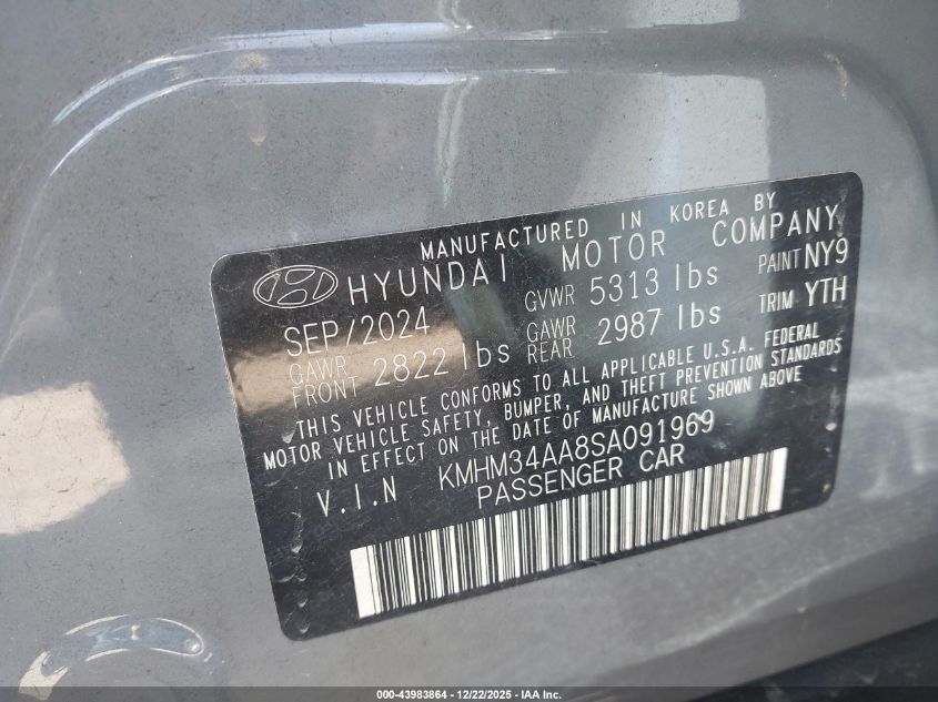 2025 Hyundai Ioniq 6 Sel VIN: KMHM34AA8SA091969 Lot: 43983864