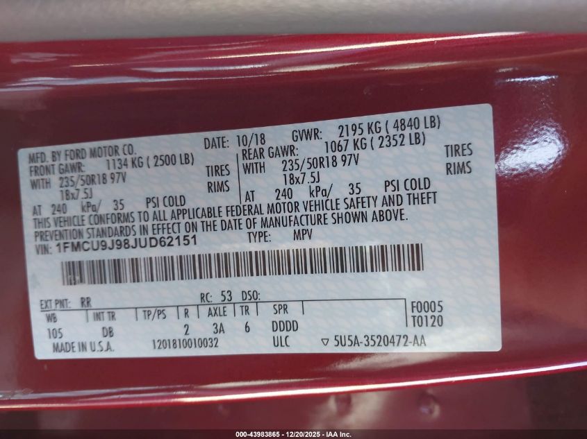 2018 Ford Escape Titanium VIN: 1FMCU9J98JUD62151 Lot: 43983865