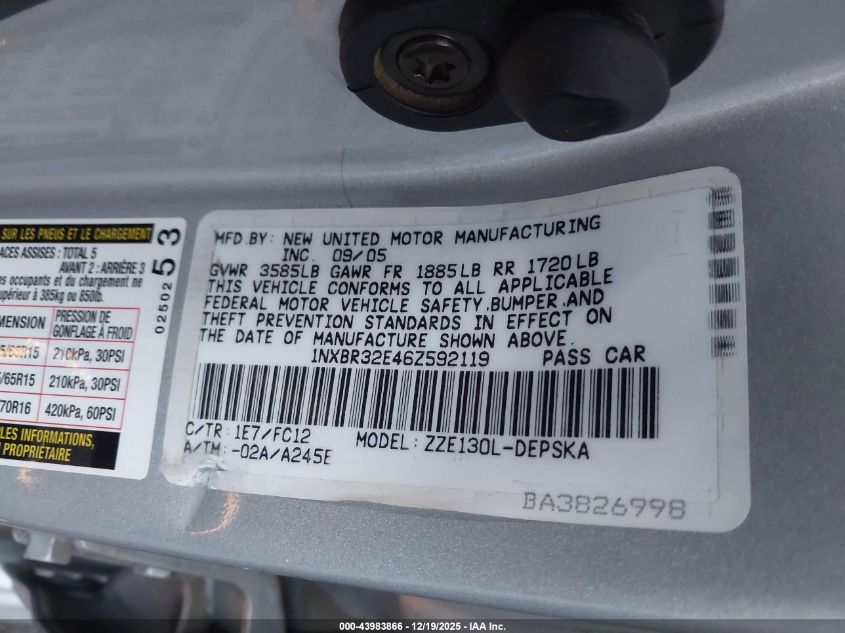 2006 Toyota Corolla S VIN: 1NXBR32E46Z592119 Lot: 43983866