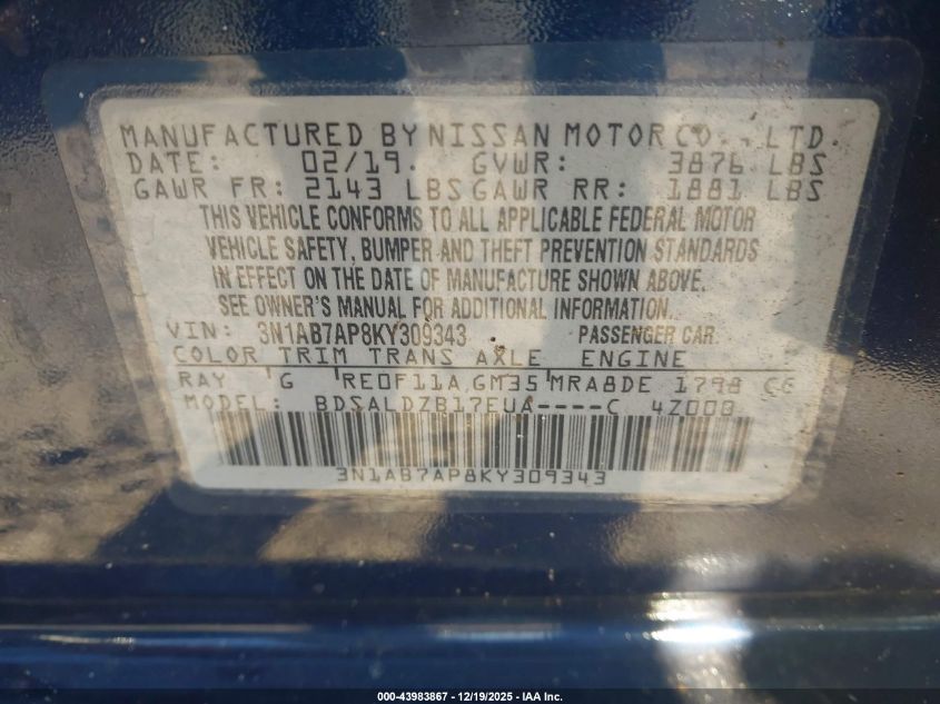 2019 Nissan Sentra Sv VIN: 3N1AB7AP8KY309343 Lot: 43983867