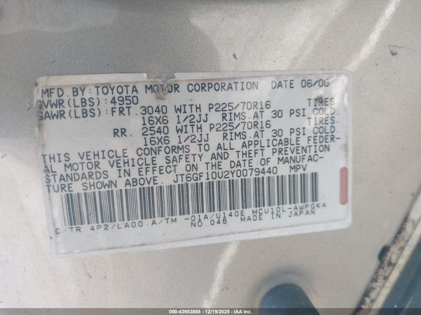 2000 Lexus Rx 300 VIN: JT6GF10U2Y0079440 Lot: 43983868