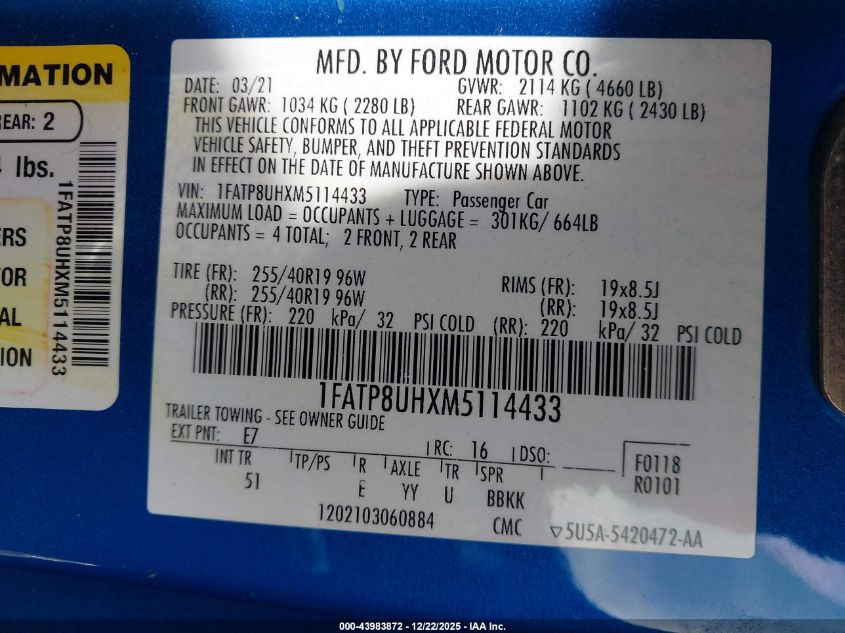 2021 Ford Mustang Ecoboost Premium VIN: 1FATP8UHXM5114433 Lot: 43983872