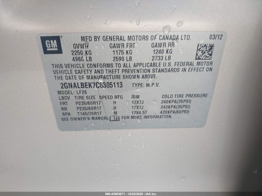 2012 Chevrolet Equinox Ls VIN: 2GNALBEK7C6305113 Lot: 43983871