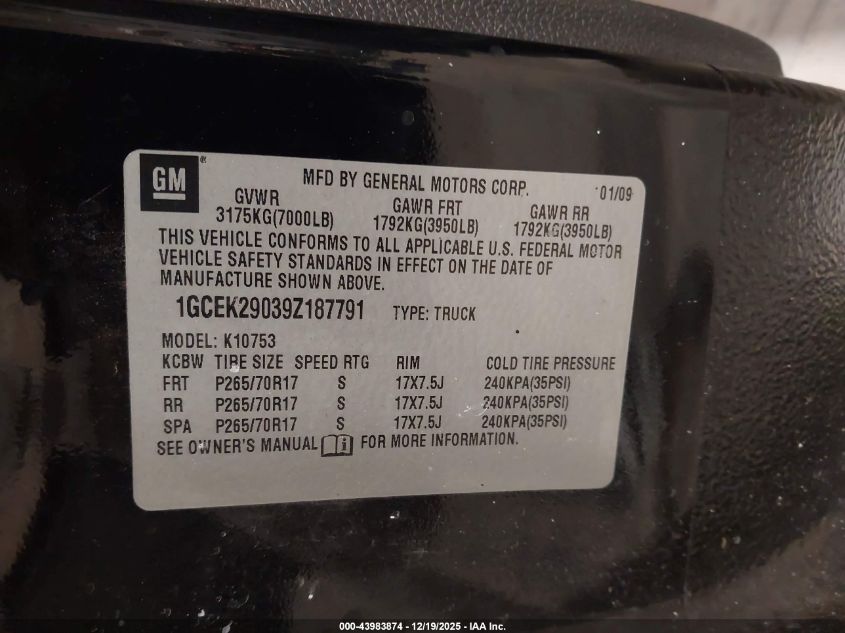 2009 Chevrolet Silverado 1500 Lt VIN: 1GCEK29039Z187791 Lot: 43983874