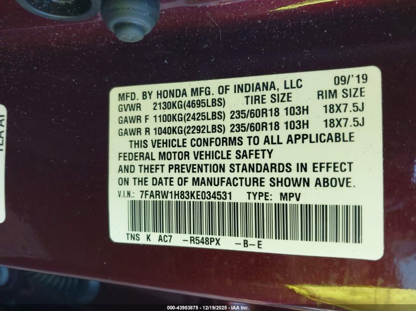 2019 Honda Cr-V Ex-L VIN: 7FARW1H83KE034531 Lot: 43983875