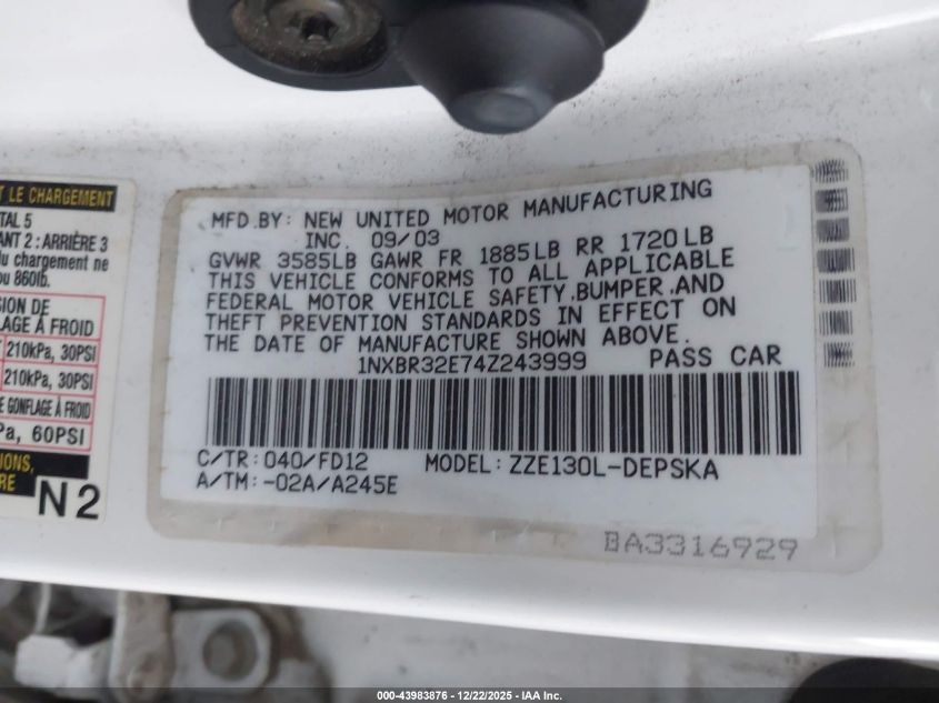 2004 Toyota Corolla S VIN: 1NXBR32E74Z243999 Lot: 43983876