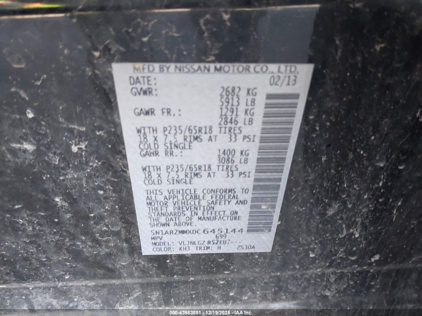 2013 Nissan Pathfinder Sl VIN: 5N1AR2MMXDC645144 Lot: 43983891