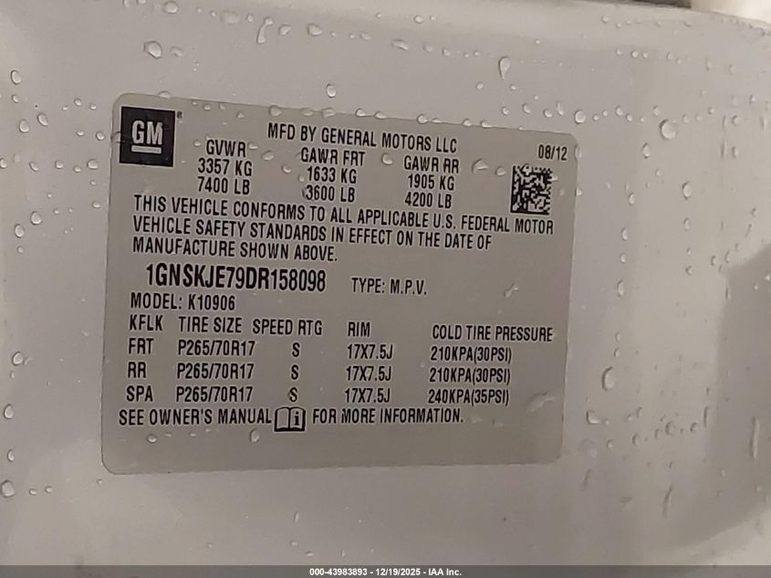 2013 Chevrolet Suburban 1500 Lt VIN: 1GNSKJE79DR158098 Lot: 43983893