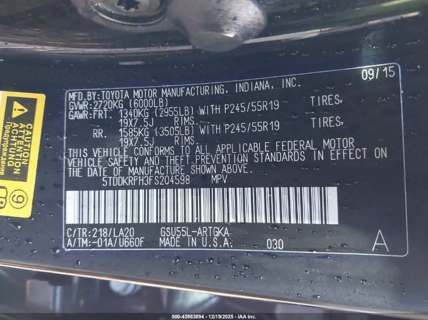 2015 Toyota Highlander Limited V6 VIN: 5TDDKRFH3FS204598 Lot: 43983894