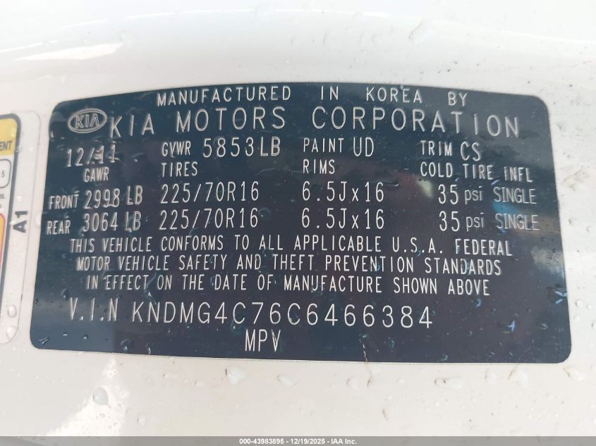 2012 Kia Sedona Lx VIN: KNDMG4C76C6466384 Lot: 43983895