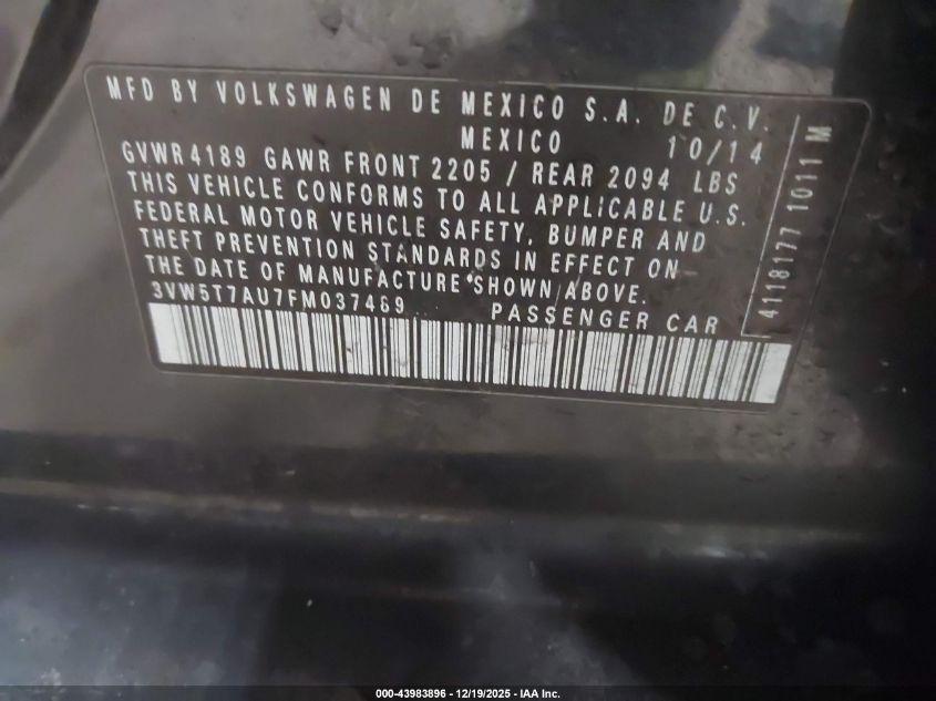 2015 Volkswagen Golf Gti 2.0T Autobahn 4-Door VIN: 3VW5T7AU7FM037489 Lot: 43983896