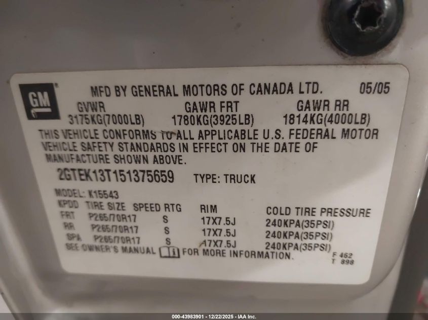 2005 GMC Sierra 1500 Slt VIN: 2GTEK13T151375659 Lot: 43983901