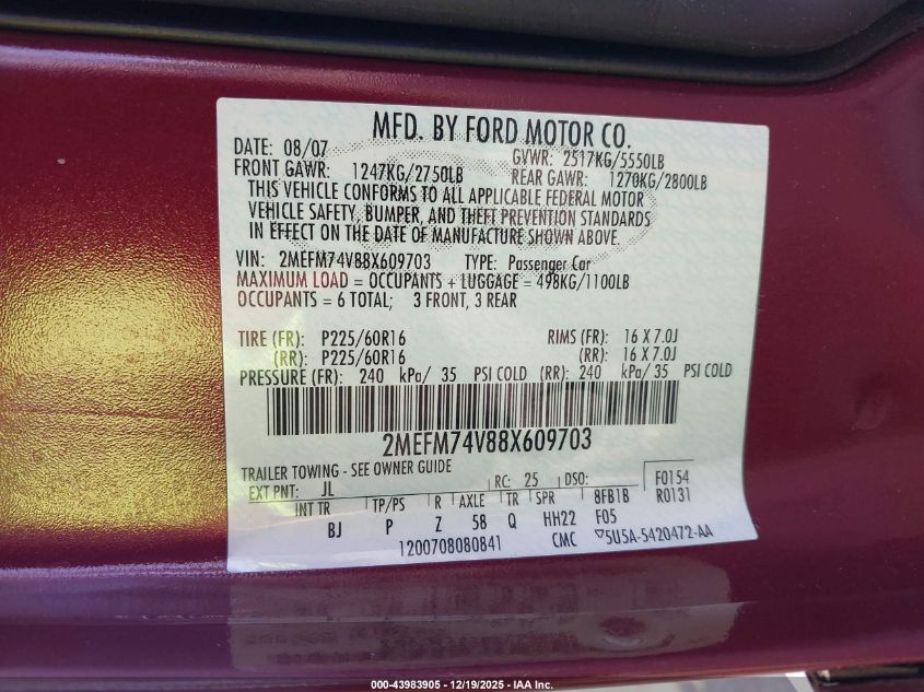 2008 Mercury Grand Marquis Gs VIN: 2MEFM74V88X609703 Lot: 43983905