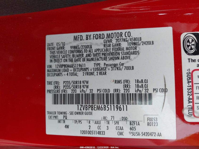 2011 Ford Mustang V6 Premium VIN: 1ZVBP8EM6B5119611 Lot: 43983916