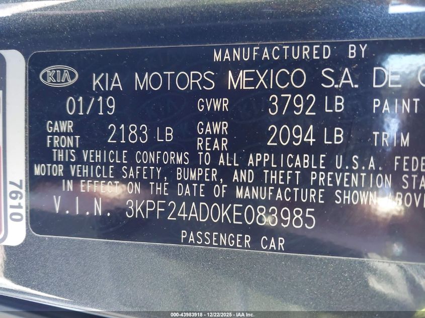 2019 Kia Forte Lxs VIN: 3KPF24AD0KE083985 Lot: 43983918
