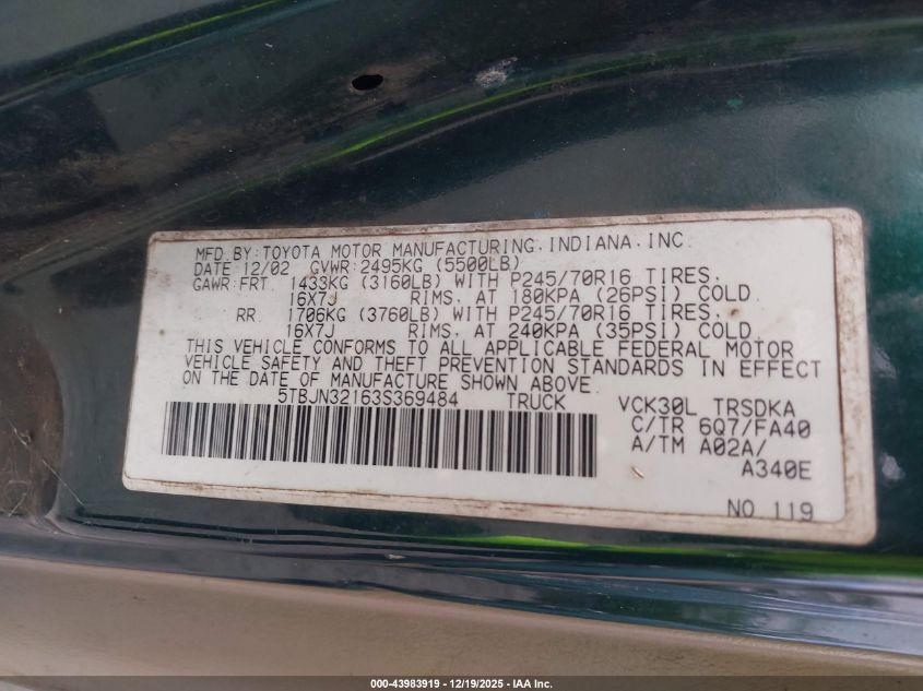 2003 Toyota Tundra VIN: 5TBJN32163S369484 Lot: 43983919