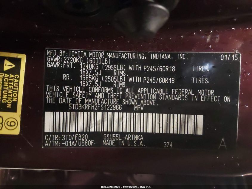 2015 Toyota Highlander Le V6 VIN: 5TDBKRFH2FS122966 Lot: 43983920