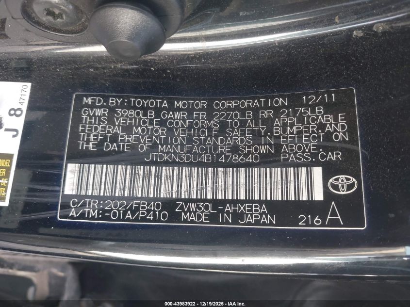 2011 Toyota Prius Two VIN: JTDKN3DU4B1478640 Lot: 43983922