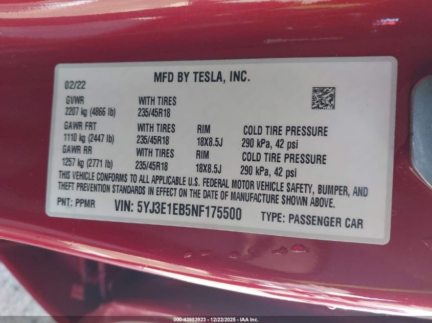 2022 Tesla Model 3 Long Range Dual Motor All-Wheel Drive VIN: 5YJ3E1EB5NF175500 Lot: 43983923