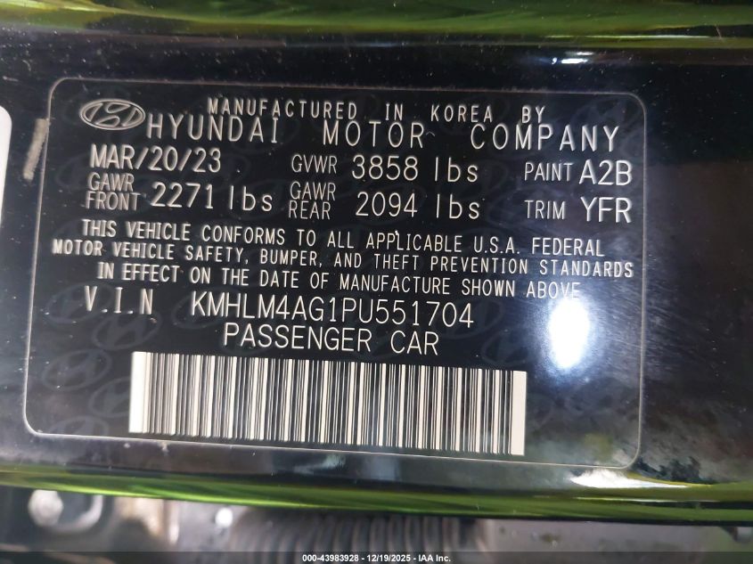 2023 Hyundai Elantra Sel VIN: KMHLM4AG1PU551704 Lot: 43983928