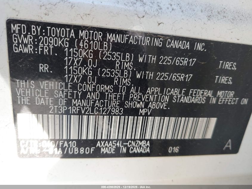 2020 Toyota Rav4 Xle VIN: 2T3P1RFV2LC127983 Lot: 43983929