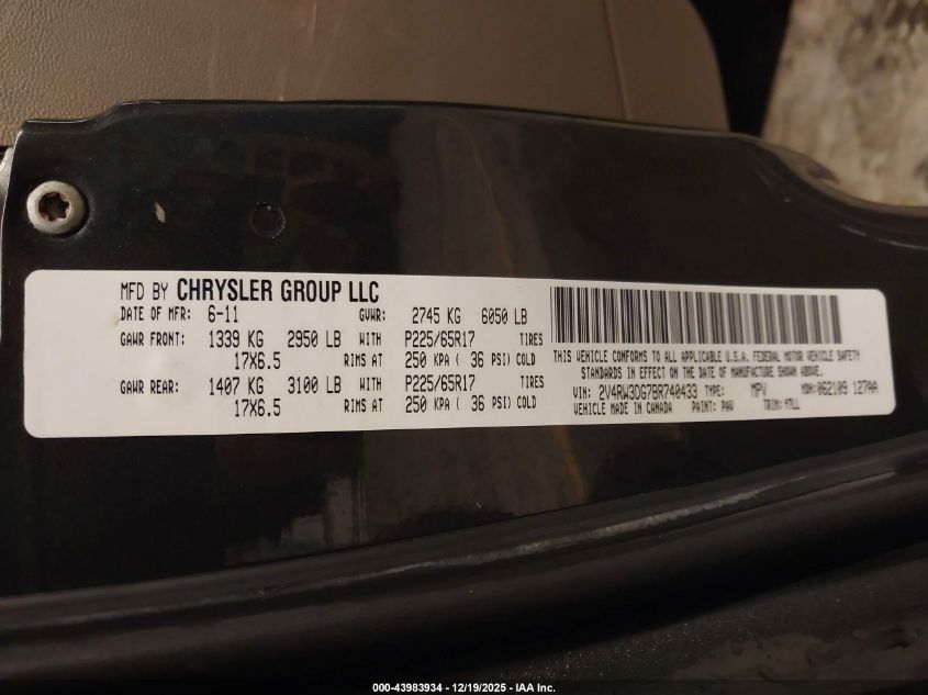 2011 Volkswagen Routan Se VIN: 2V4RW3DG7BR740433 Lot: 43983934