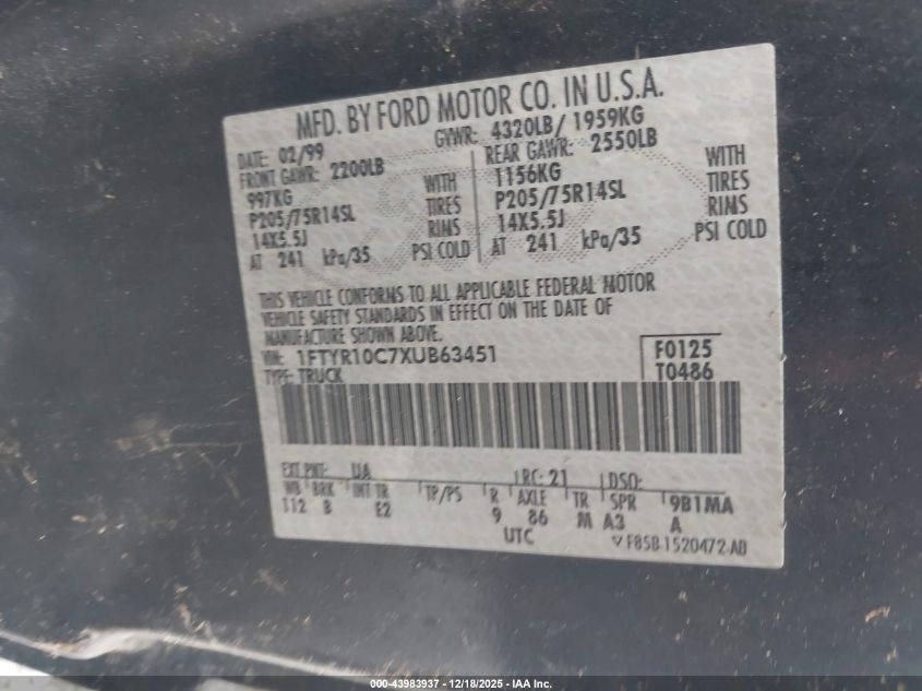 1999 Ford Ranger Xl/Xlt VIN: 1FTYR10C7XUB63451 Lot: 43983937