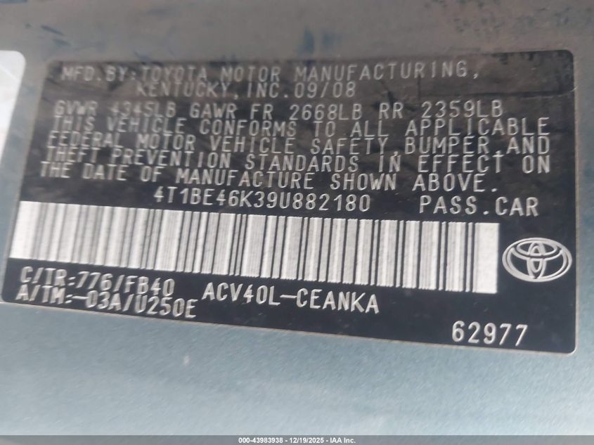 2009 Toyota Camry Le VIN: 4T1BE46K39U882180 Lot: 43983938